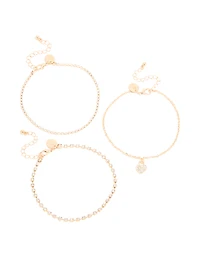 Gold Cubic Zirconia Tennis, Chain & Heart Anklets 3-Pack