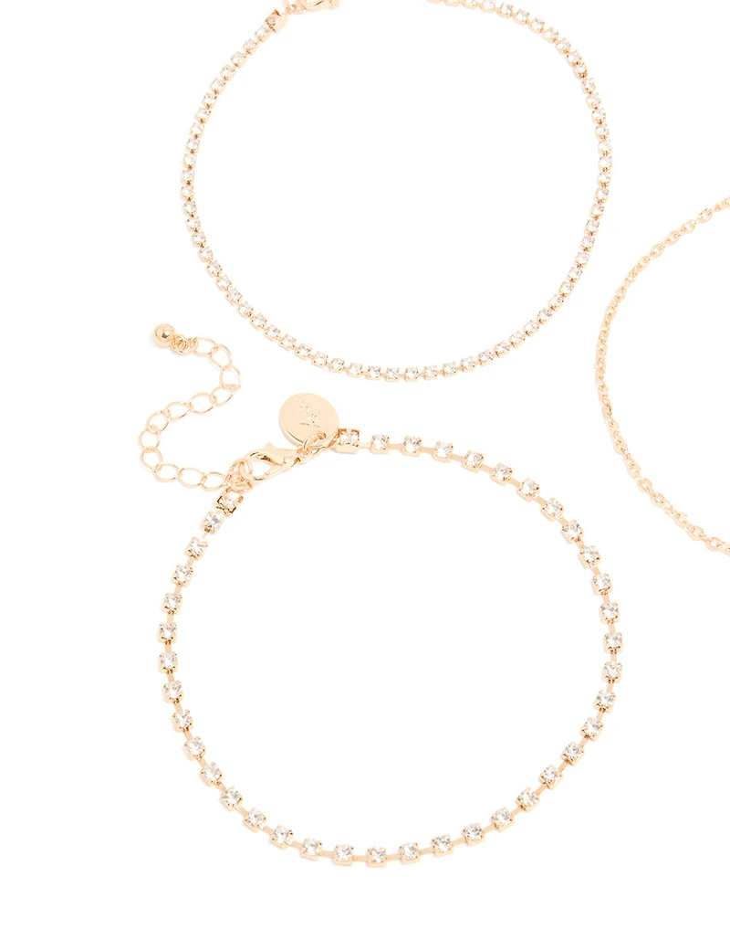 Paquet de 3 bracelets de cheville en zircone cubique en zircone cubique dorés