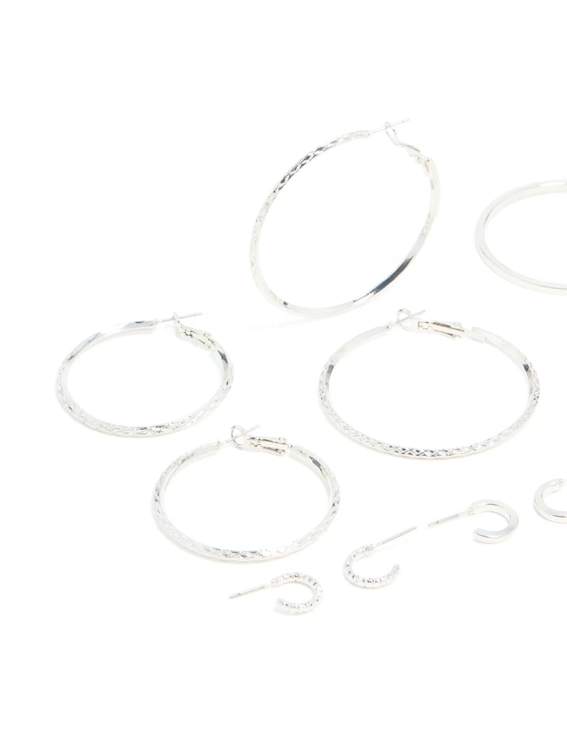 Silver Textured Hoop Earrings 6-Pack