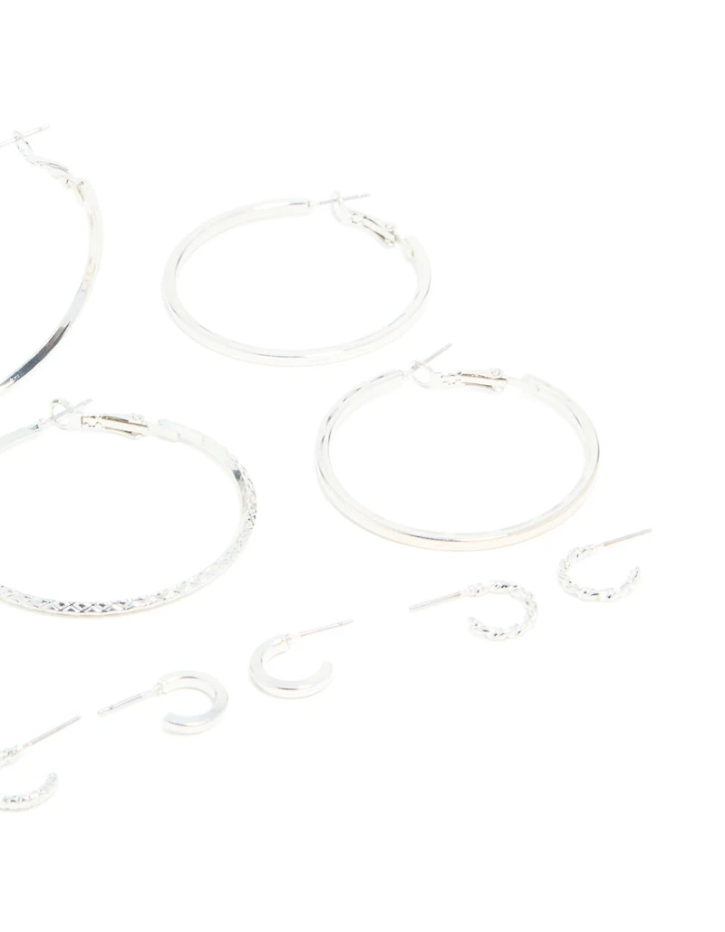 Silver Textured Hoop Earrings 6-Pack