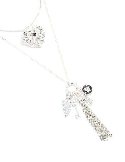 Collier antique en argent en forme de breloques bohèmes en forme de cœur et flèche