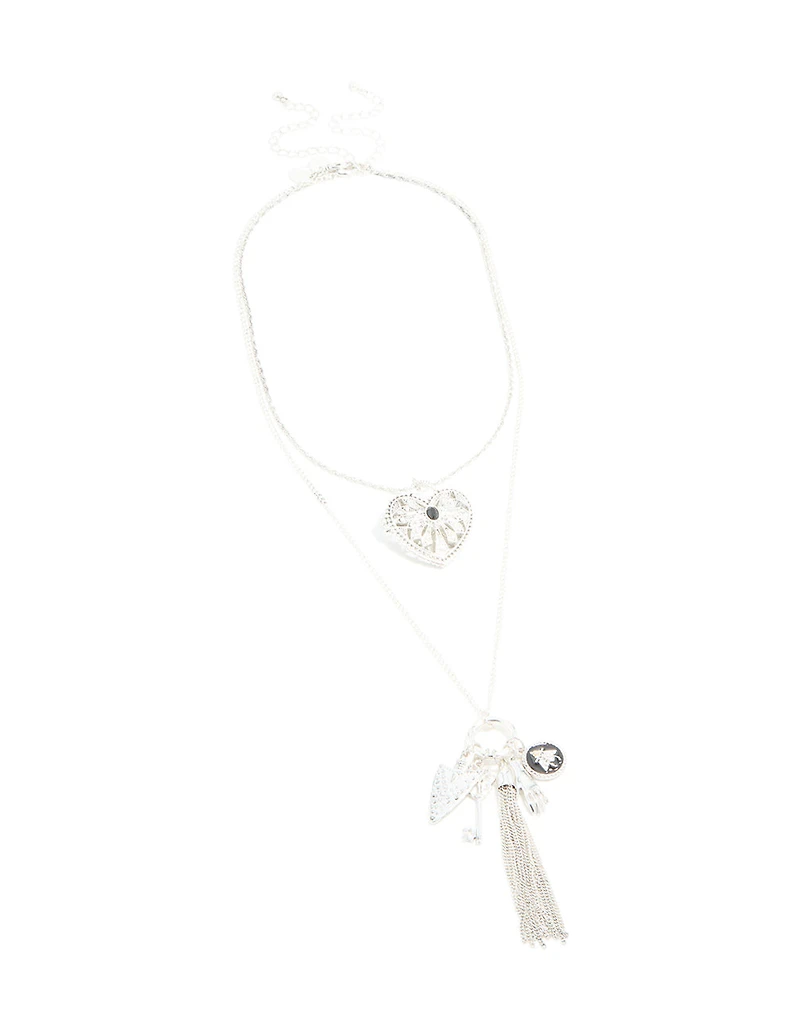 Collier antique en argent en forme de breloques bohèmes en forme de cœur et flèche