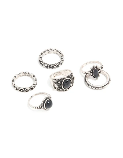 Antique Silver & Black Stones Boho Swirl Stacking 6-Pack
