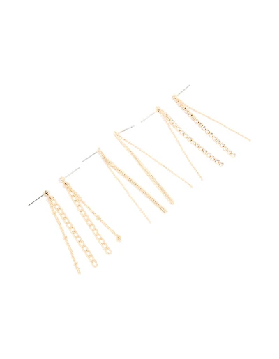 Gold Diamante Cup Chain Triple Row Long Drop Earrings 3-Pack