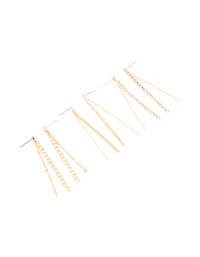 Gold Diamante Cup Chain Triple Row Long Drop Earrings 3-Pack