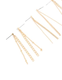 Gold Diamante Cup Chain Triple Row Long Drop Earrings 3-Pack
