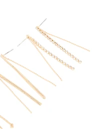 Gold Diamante Cup Chain Triple Row Long Drop Earrings 3-Pack