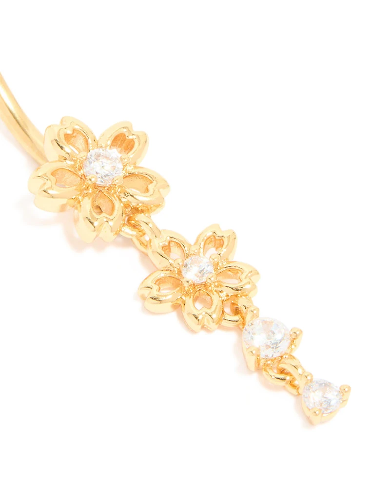Gold Plated Surgical Steel Cubic Zirconia Double Flower Belly Bar