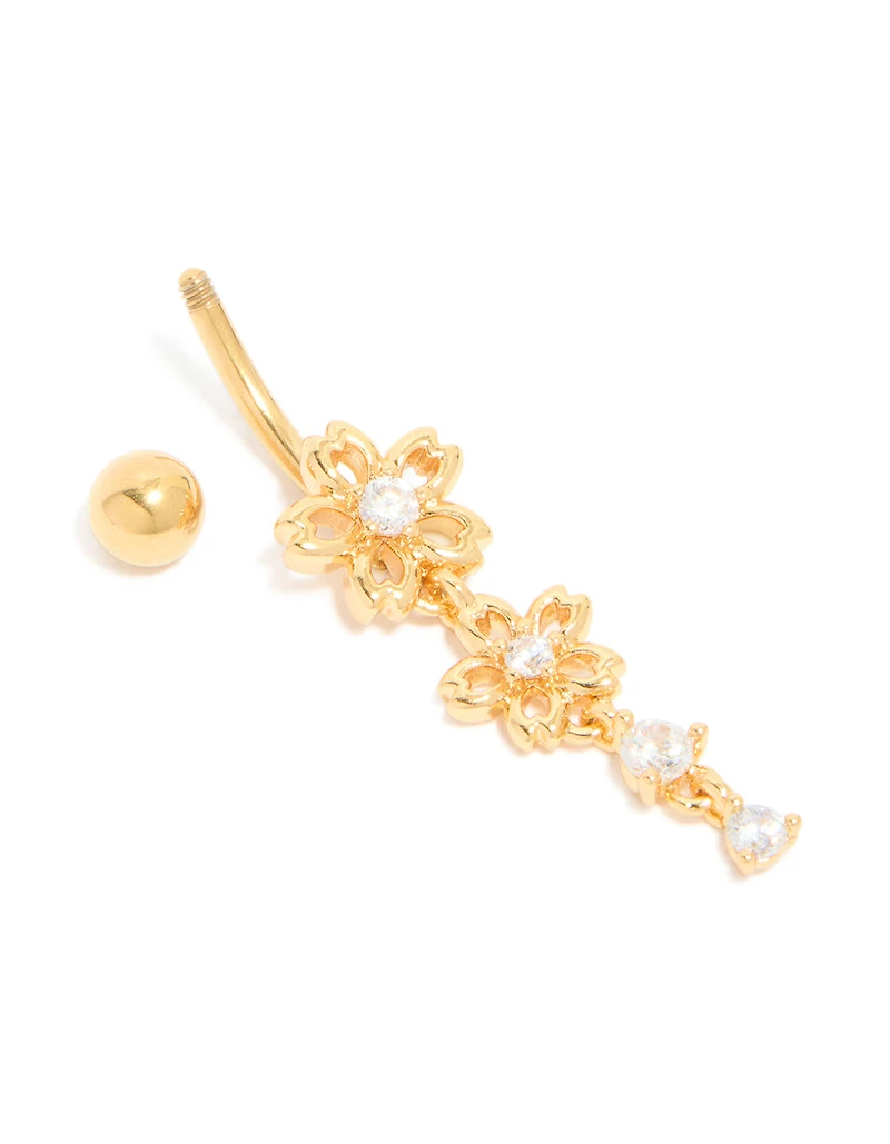 Gold Plated Surgical Steel Cubic Zirconia Double Flower Belly Bar