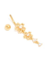 Gold Plated Surgical Steel Cubic Zirconia Double Flower Belly Bar
