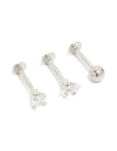 Surgical Steel Cubic Zirconia Marquise & Round Flat Back Studs 3-Pack