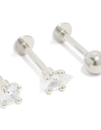 Pack de 3 clous en acier cubique en acier chirurgical en zircone marquise et montants ronds à dos plat