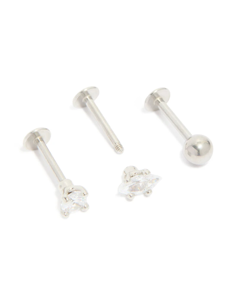 Surgical Steel Cubic Zirconia Marquise & Round Flat Back Studs 3-Pack