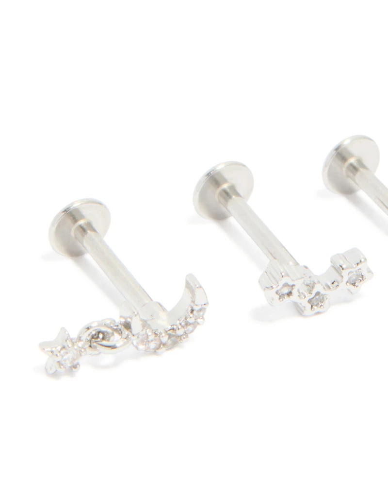 Surgical Steel Cubic Zirconia Celestial Flat Back Studs 3-Pack