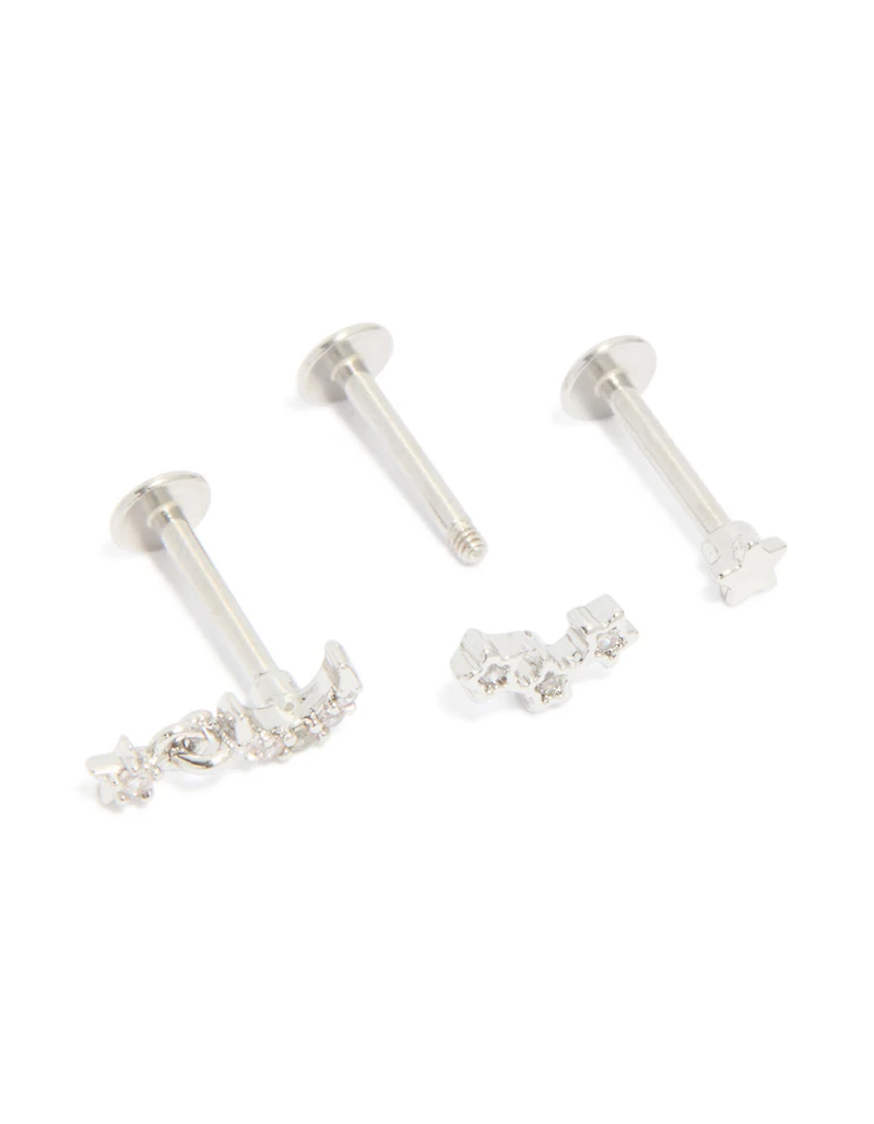 Surgical Steel Cubic Zirconia Celestial Flat Back Studs 3-Pack