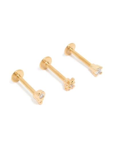 Gold Plated Surgical Steel Cubic Zirconia & Star Flat Back Studs 3-Pack