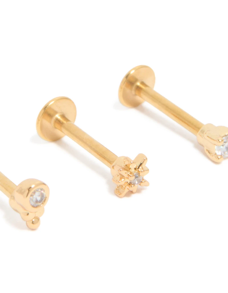 Gold Plated Surgical Steel Cubic Zirconia & Star Flat Back Studs 3-Pack