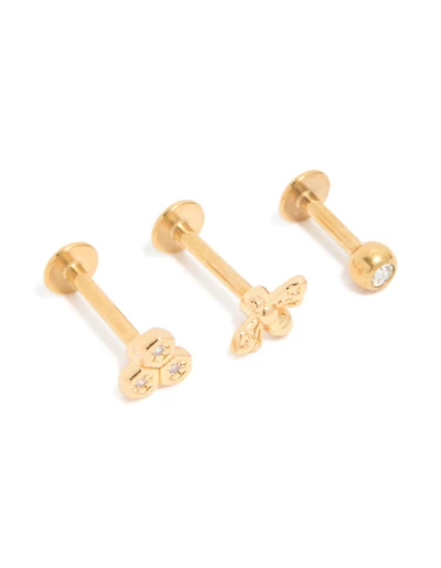 Gold Plated Surgical Steel Cubic Zirconia & Honey Bee Flat Back Studs 3-Pack