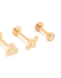 Gold Plated Surgical Steel Cubic Zirconia & Honey Bee Flat Back Studs 3-Pack