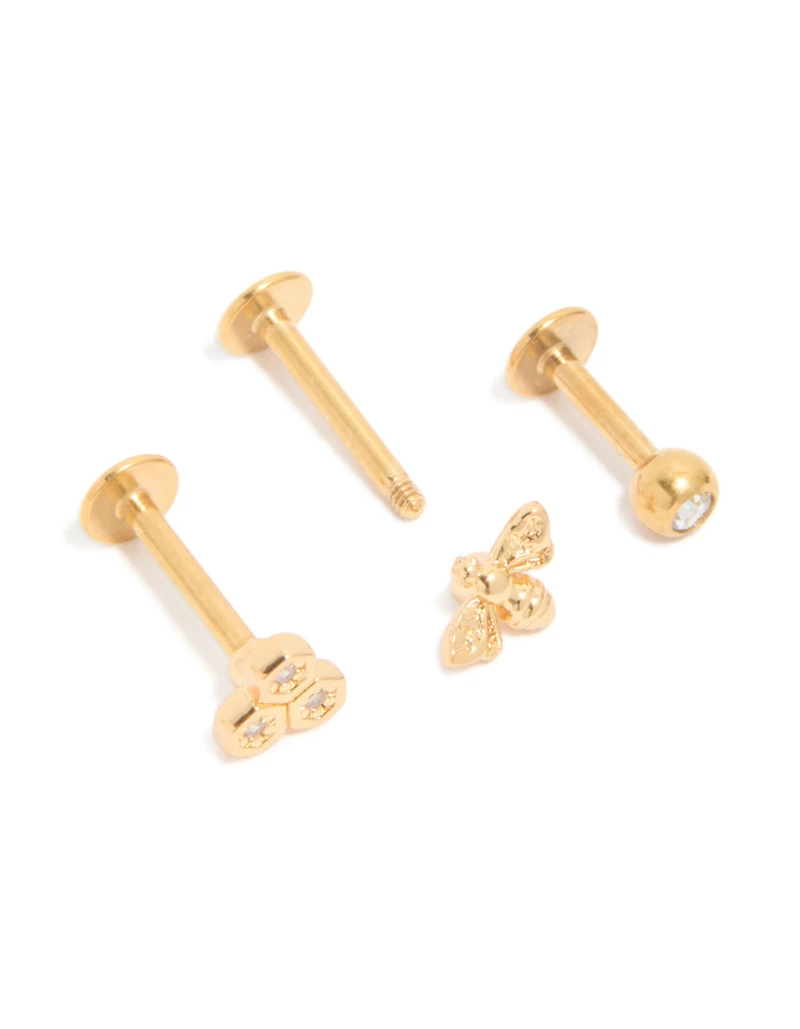 Gold Plated Surgical Steel Cubic Zirconia & Honey Bee Flat Back Studs 3-Pack