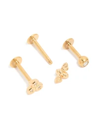 Gold Plated Surgical Steel Cubic Zirconia & Honey Bee Flat Back Studs 3-Pack