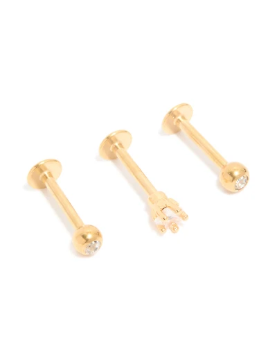 Gold Plated Surgical Steel Cubic Zirconia Round Flat Back Studs 3-Pack