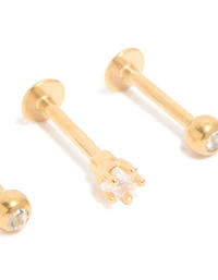 Gold Plated Surgical Steel Cubic Zirconia Round Flat Back Studs 3-Pack