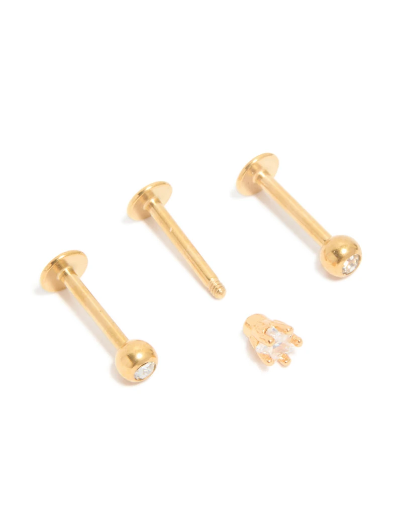 Gold Plated Surgical Steel Cubic Zirconia Round Flat Back Studs 3-Pack