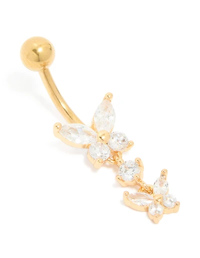 Gold Plated Surgical Steel Cubic Zirconia Double Butterfly Belly Bar