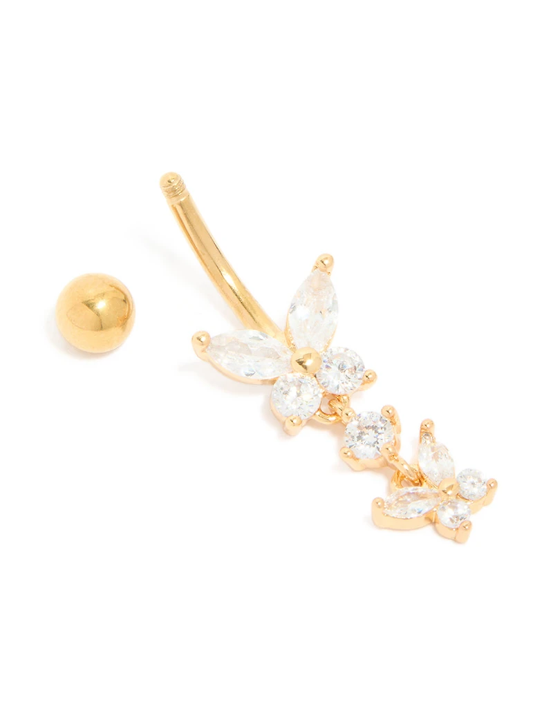 Gold Plated Surgical Steel Cubic Zirconia Double Butterfly Belly Bar