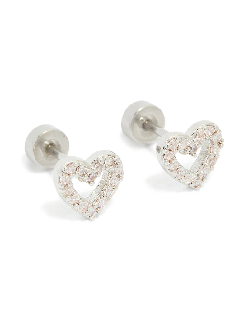 Kids Surgical Steel Cubic Zirconia Pavé Heart Flat Back Studs