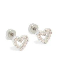 Kids Surgical Steel Cubic Zirconia Pavé Heart Flat Back Studs