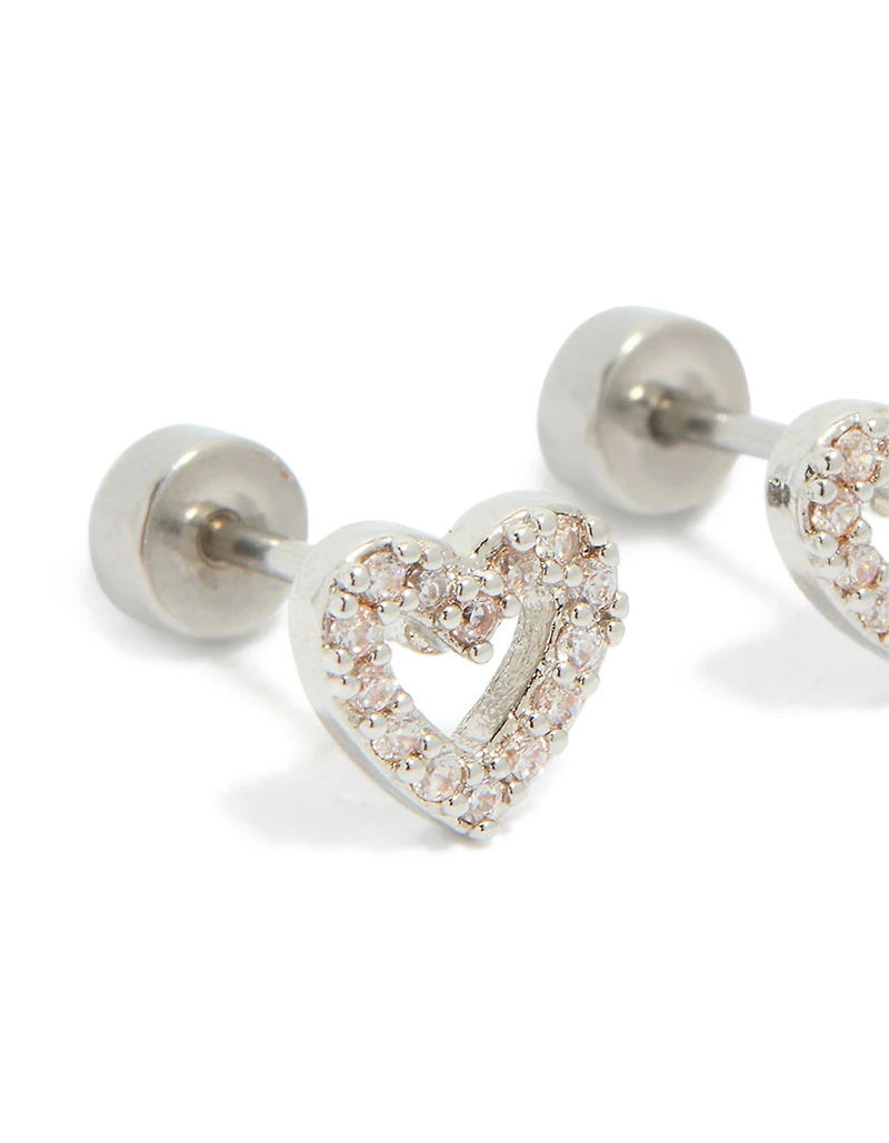 Kids Surgical Steel Cubic Zirconia Pavé Heart Flat Back Studs