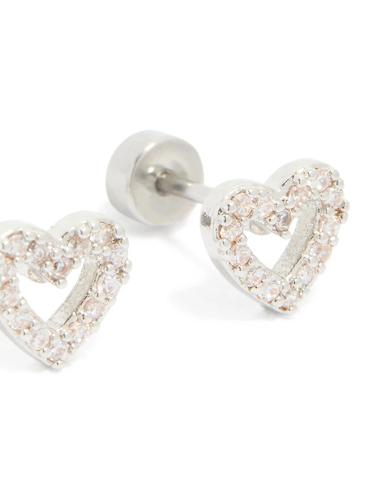 Kids Surgical Steel Cubic Zirconia Pavé Heart Flat Back Studs