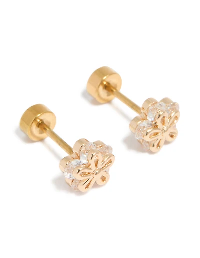 Kids Gold Plated Surgical Steel Cubic Zirconia Flower Outline Flat Back Studs