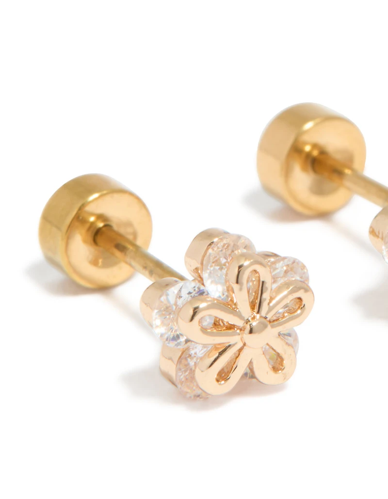 Kids Gold Plated Surgical Steel Cubic Zirconia Flower Outline Flat Back Studs