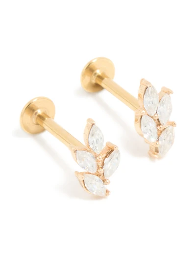 Gold Plated Surgical Steel Cubic Zirconia Mini Leaf Flat Back Earrings