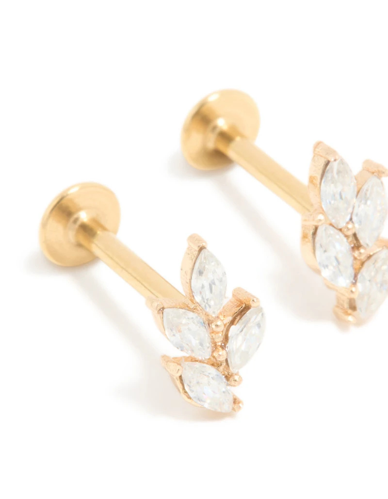 Gold Plated Surgical Steel Cubic Zirconia Mini Leaf Flat Back Earrings