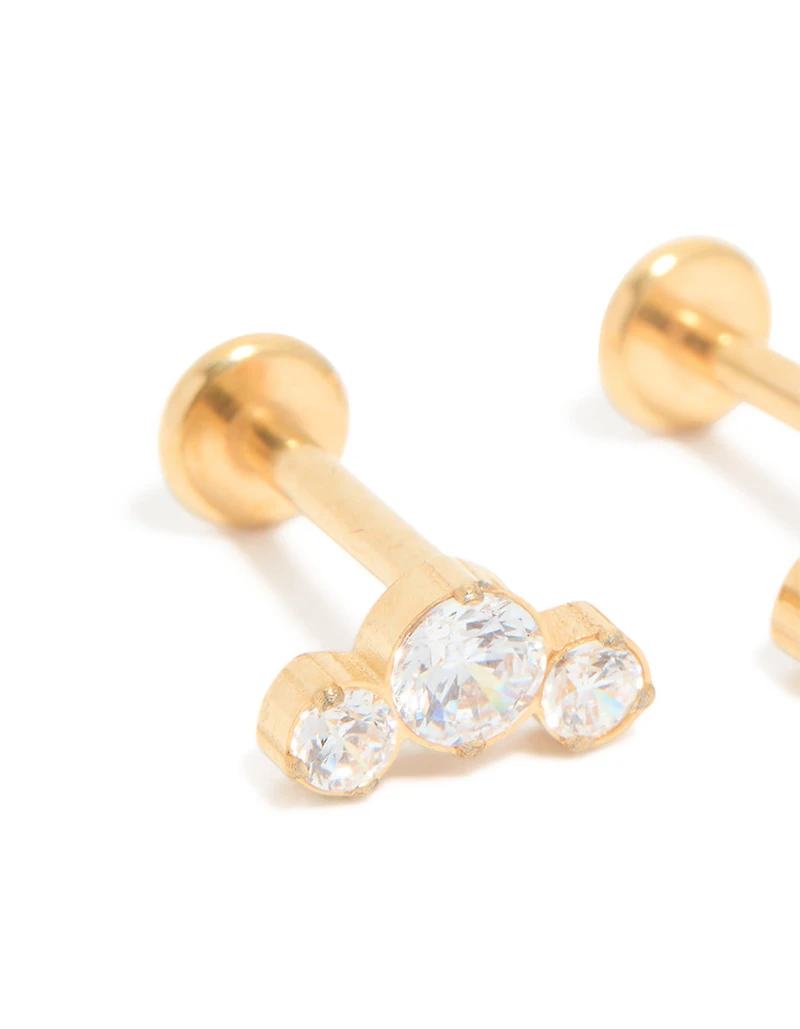 Gold Plated Surgical Steel Zirconia Bezel Trio Flat Back Studs