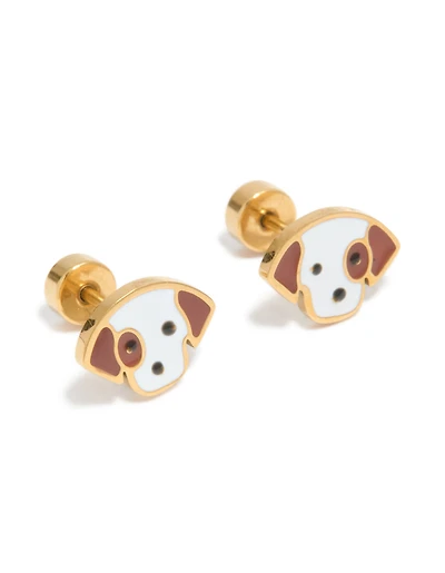 Kids Gold Plated Surgical Steel Enamel Cute Dog Flat Back Studs