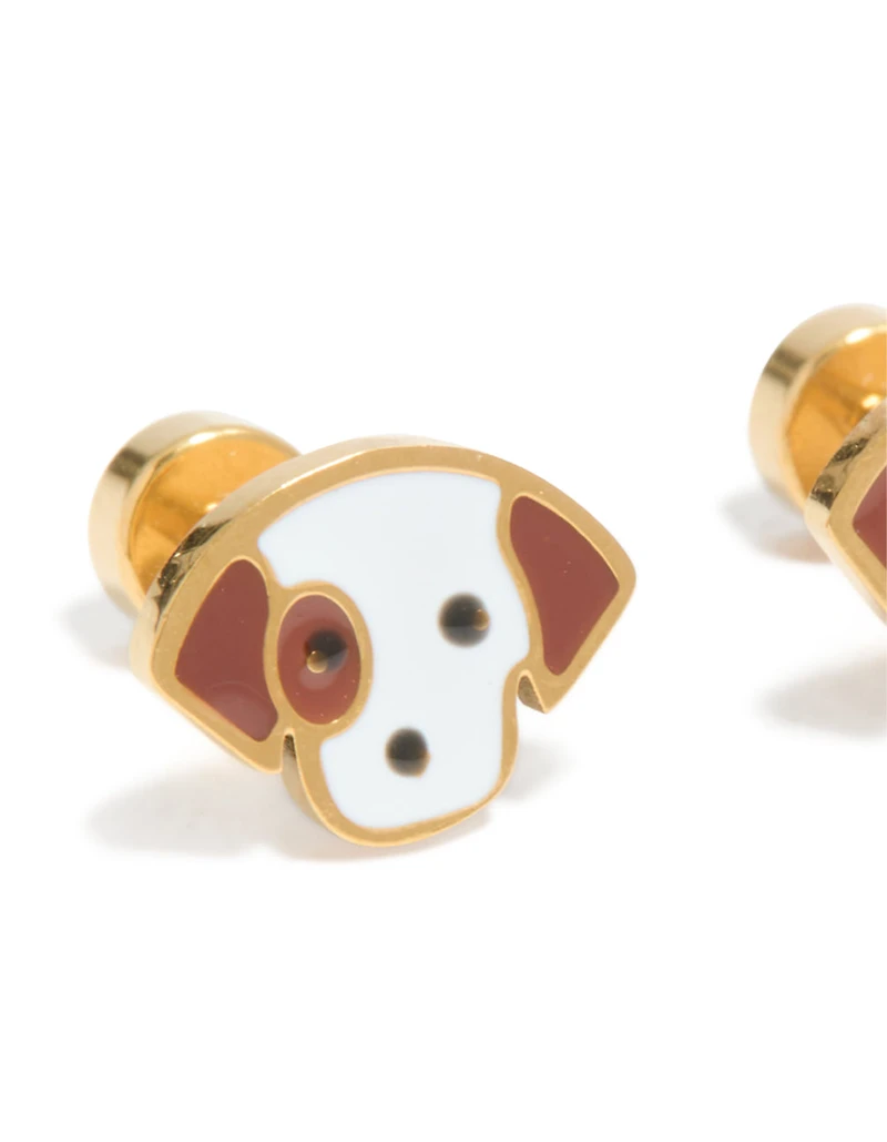Kids Gold Plated Surgical Steel Enamel Cute Dog Flat Back Studs