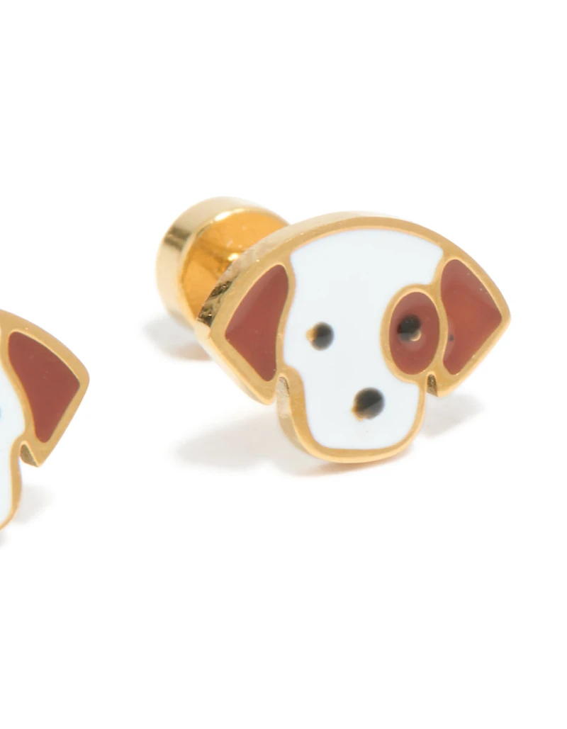 Kids Gold Plated Surgical Steel Enamel Cute Dog Flat Back Studs
