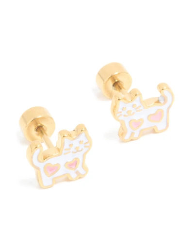 Kids Gold Plated Surgical Steel Heart White Cat Flat Back Studs