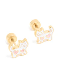 Kids Gold Plated Surgical Steel Heart White Cat Flat Back Studs