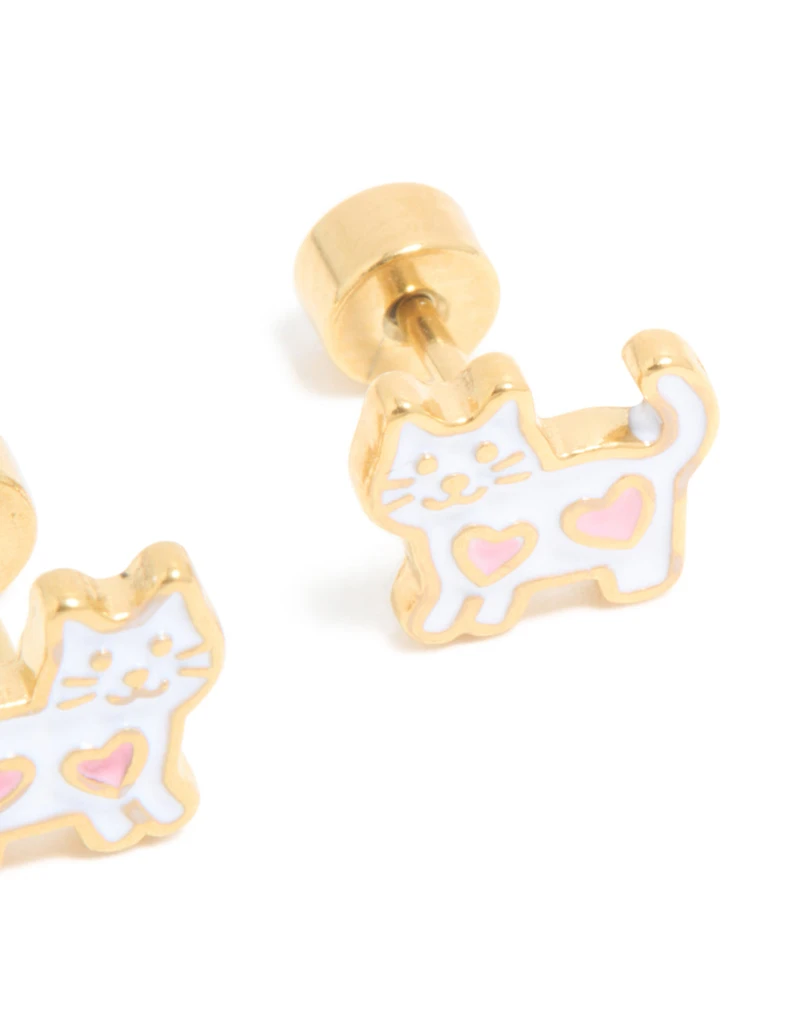 Kids Gold Plated Surgical Steel Heart White Cat Flat Back Studs