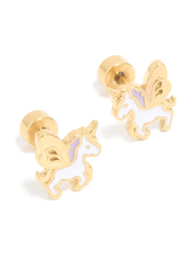 Kids Gold Plated Surgical Steel Magic Unicorn Flat Back Studs