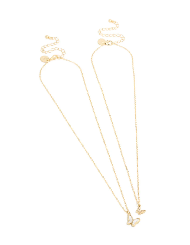 Gold Plated Cubic Zirconia Butterfly & Pearlised Butterfly Necklaces 2 Pack