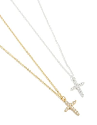 Colliers pendentifs en zircone cubique en croix plaquée métal mixte en paquet de 2