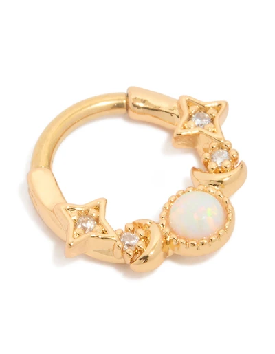 Anneau cliquant en opale céleste en titane plaqué or