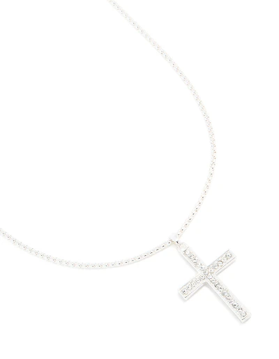 Silver Plated Diamante Box Cross Necklace